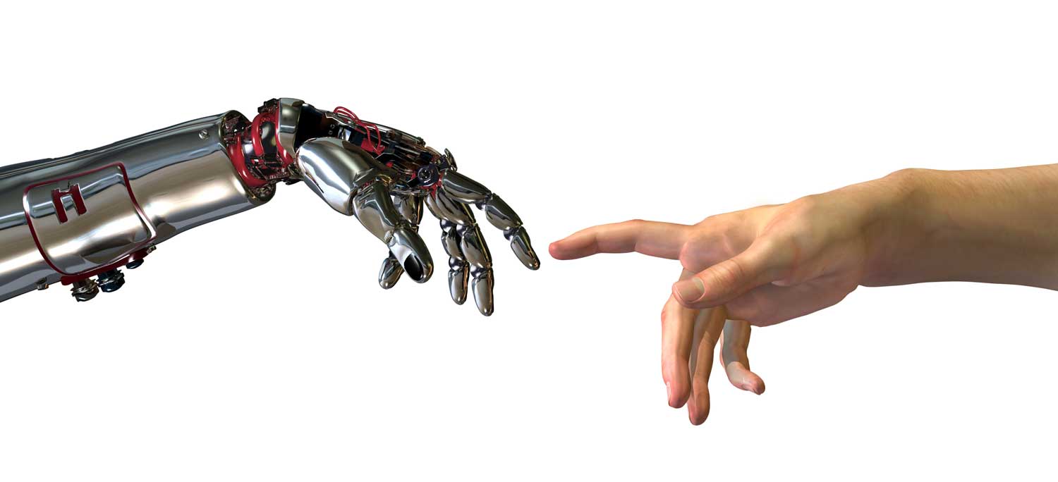 robot hand and human hand touching fingers like the Sistine chapel on a white background