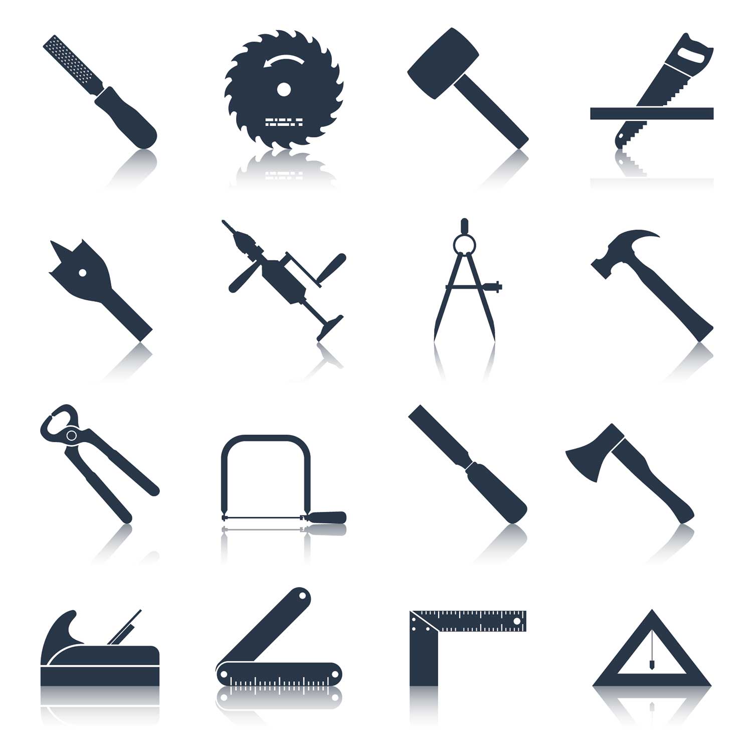 silhouettes of wood working tools in front of a white background