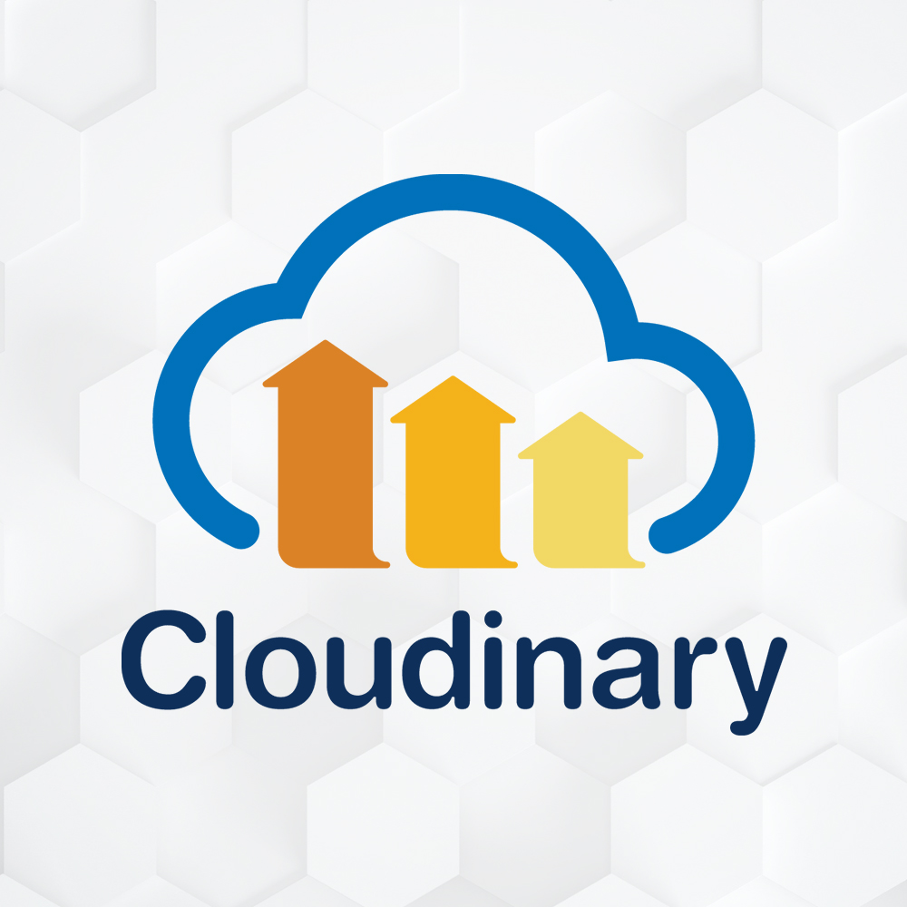 blue cloud outline with yellow and orange arrows and dark blue Cloudinary text on white hexagon background