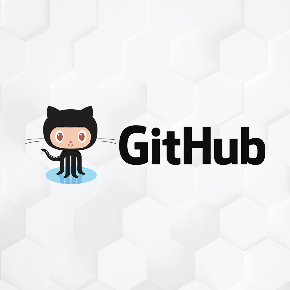 black GitHub OctoCat on a blue circle with black GitHub text on a white hexagon background