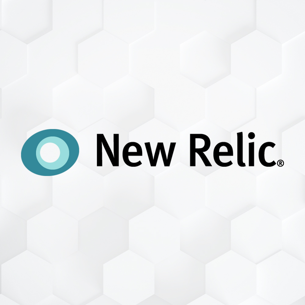 blue circles graphic and black New Relic text on a white hexagon background