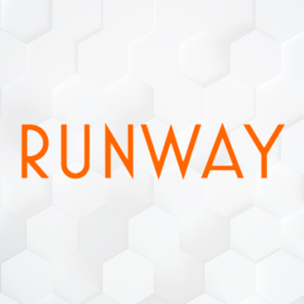 orange Runway text logo in front of white hexagon background