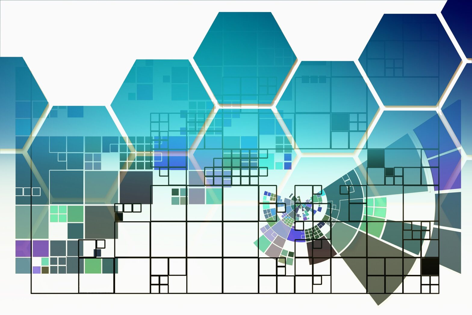 blue green purple and grey block chain hexagons pattern with black lines and squares overlaid on top