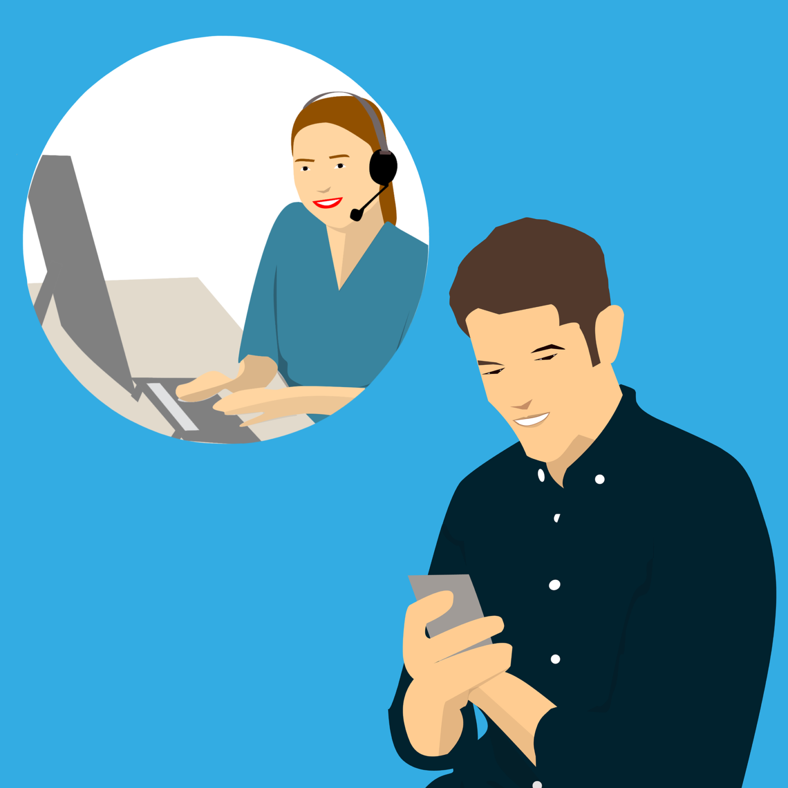 blue background with cartoon man holding cell phone and woman at a computer with a headset inset