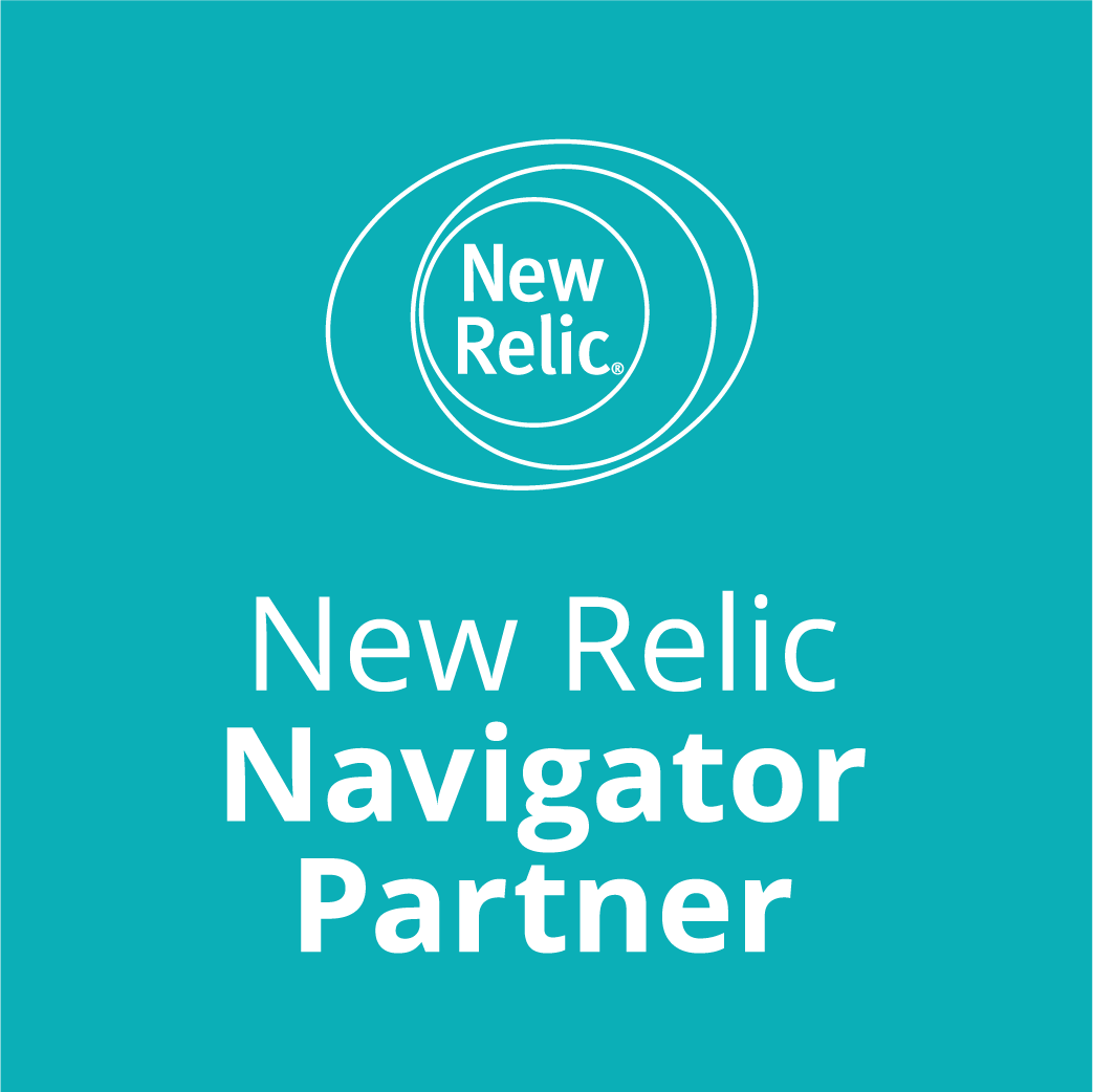 blue background with white circles and white New Relic text inside and white New Relic Navigator Partner text below