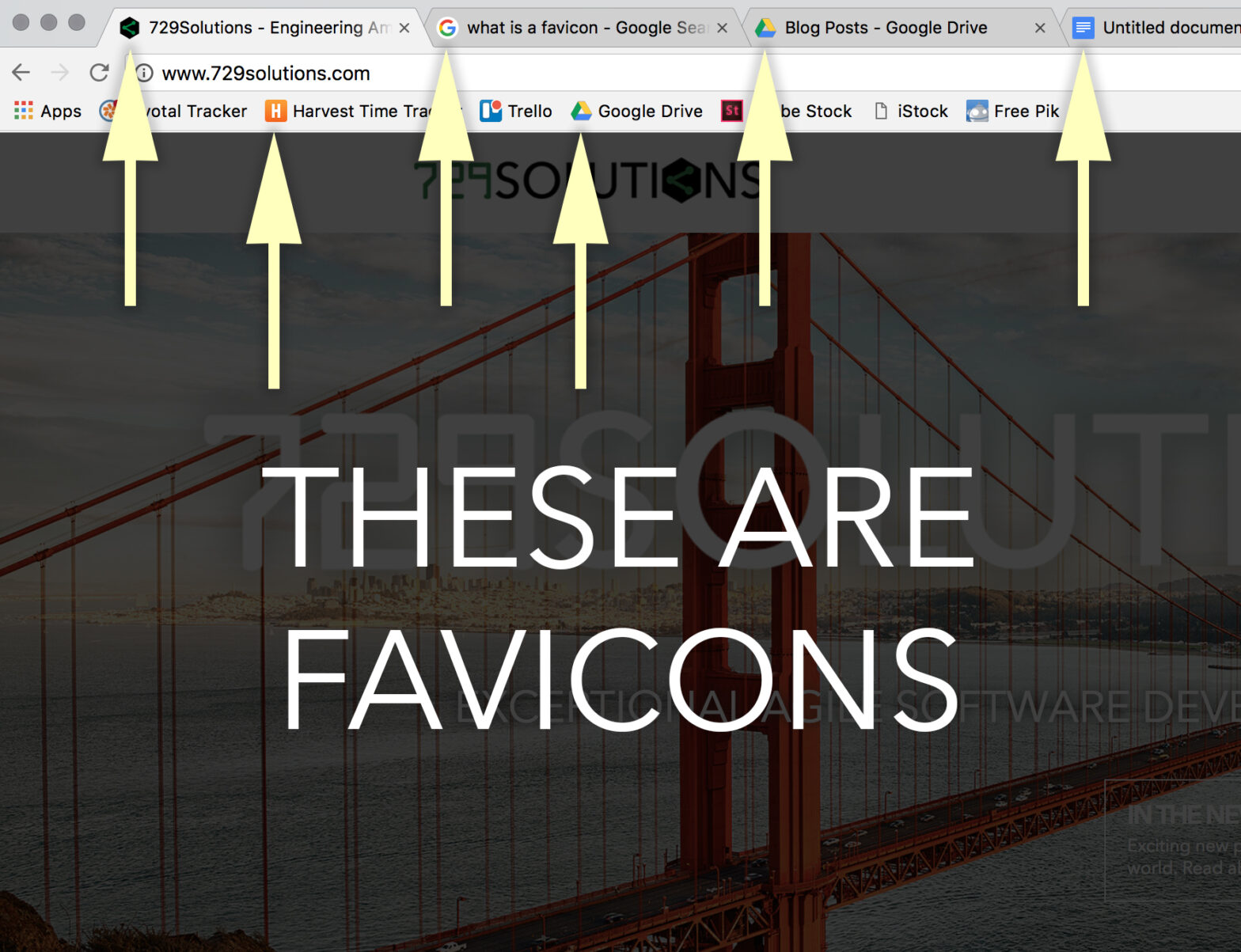 open browser tabs with arrows pointing to the favicons