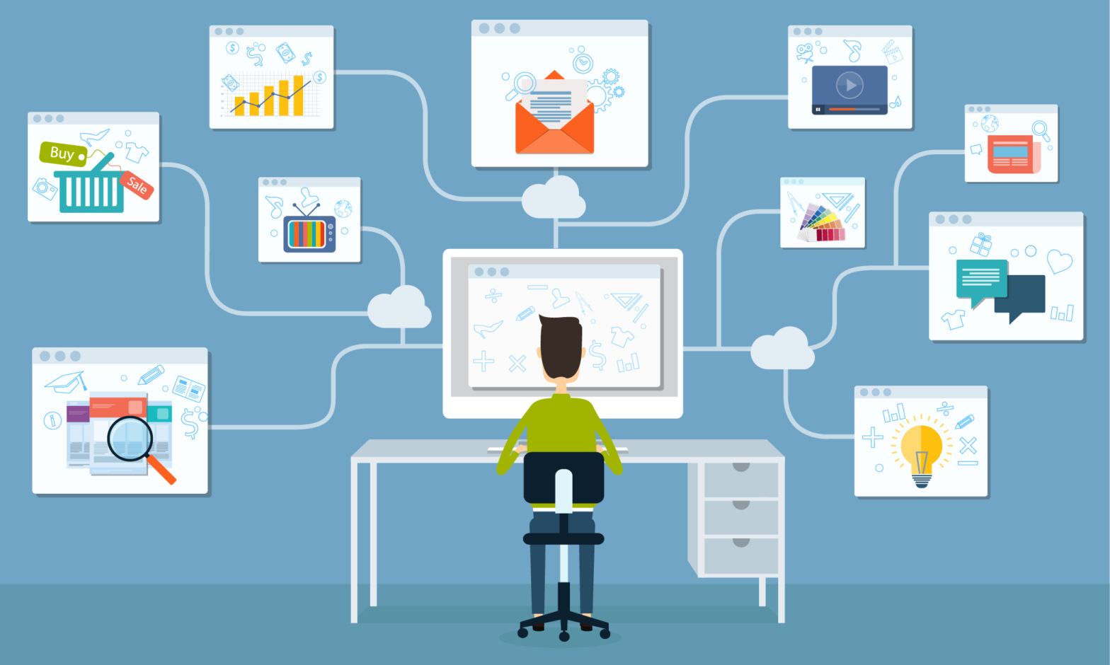 cartoon of man sitting at desk with graphics of things he can do online