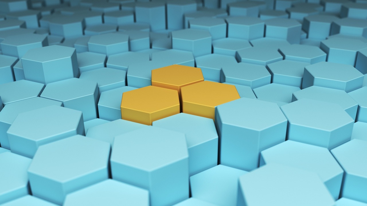 blue and yellow 3D hexagons