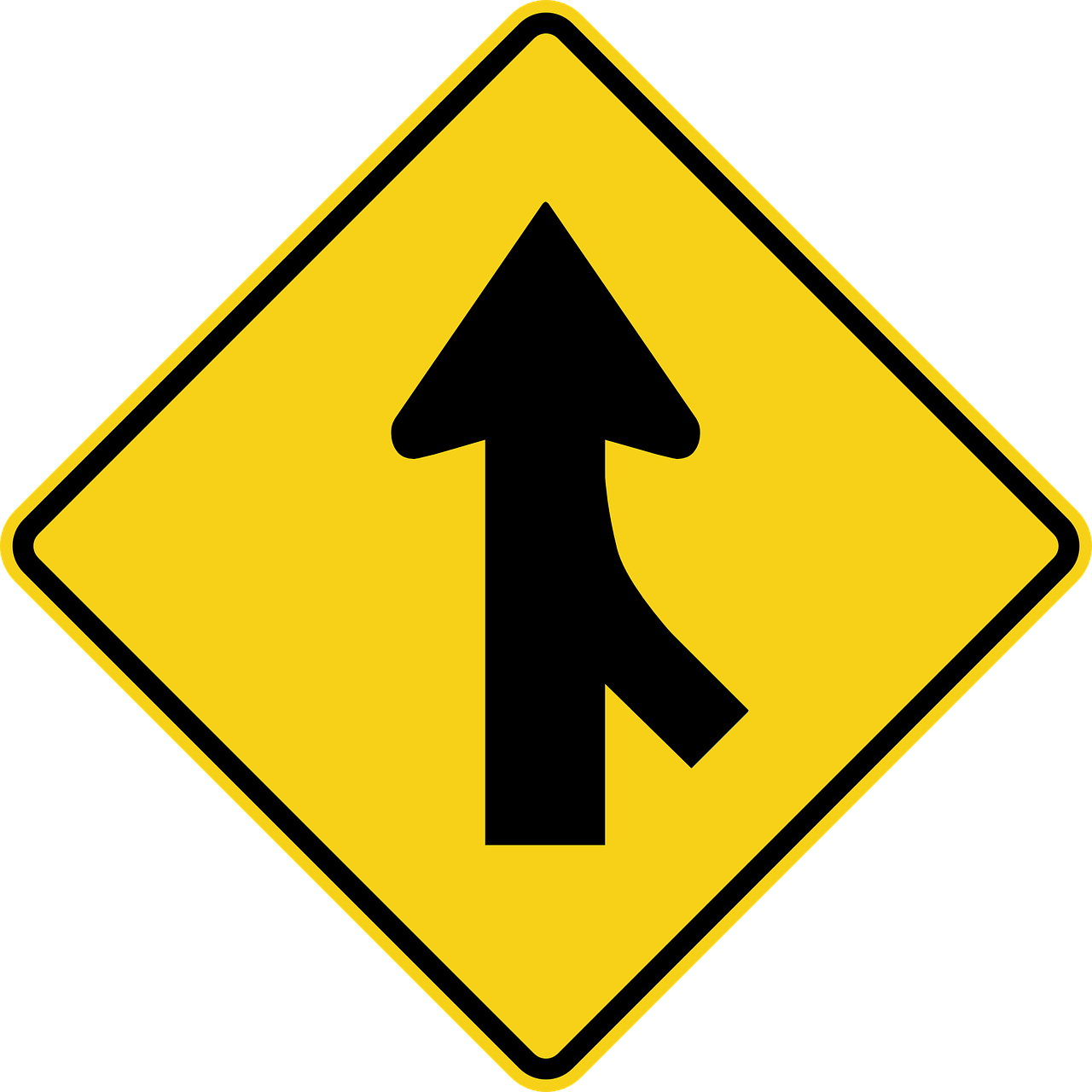 yellow and black merge road sign