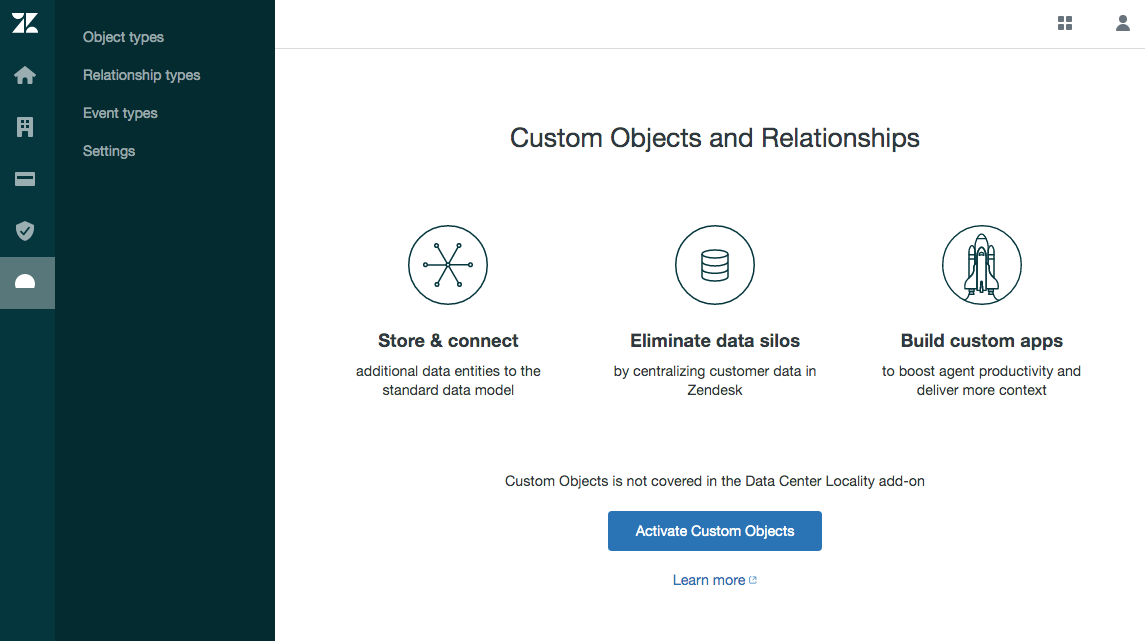 Zendesk Custom Objects and Relationships screen